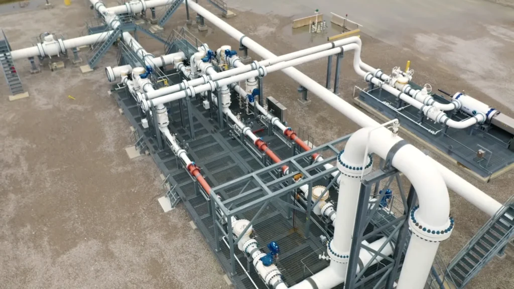 Aerial view of a pipeline manifold with access walkways