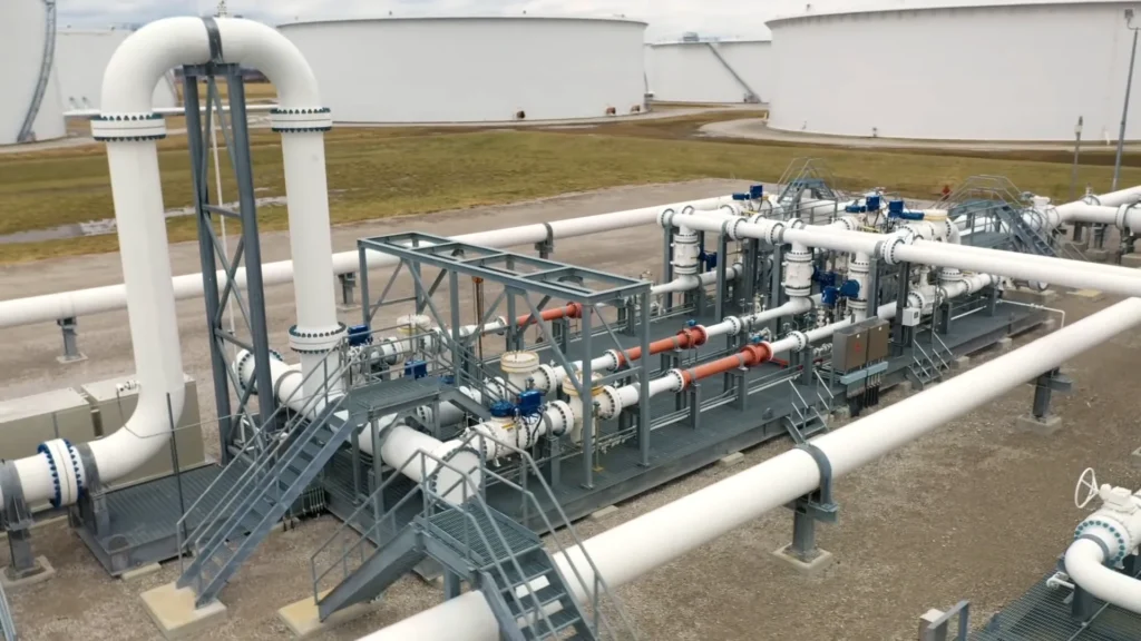 Pipeline manifold with white pipework and steel access platforms