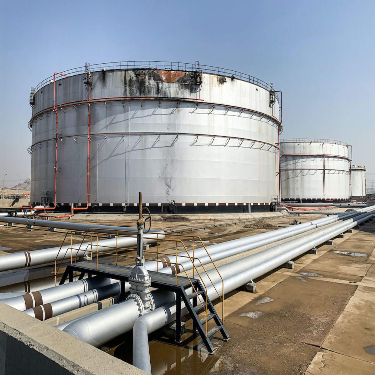 Aerial view of an industrial oil storage tank farm